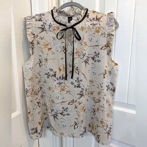 Cute Floral Sleeveless Top, Ruffle Sleeve & Collar, Black Tie Collar Closure